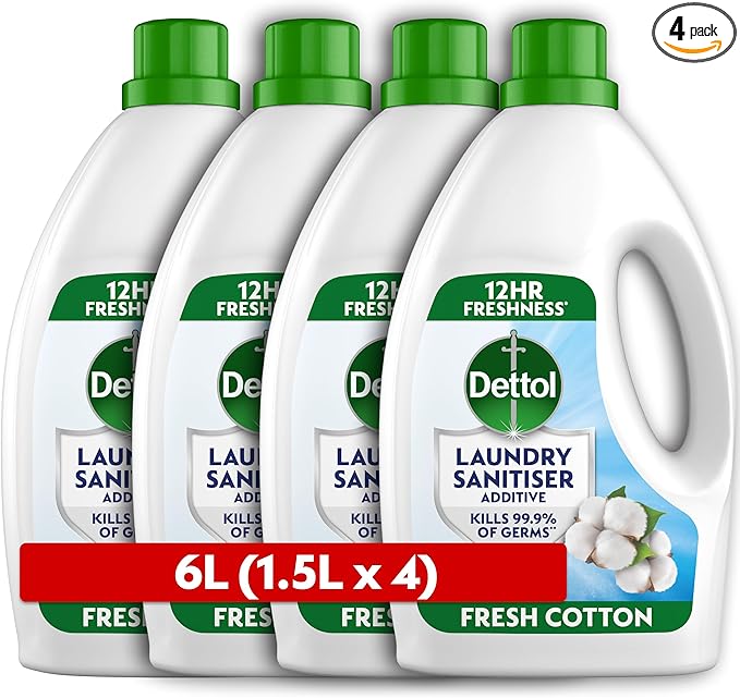 Dettol Laundry Sanitiser, Antibacterial, Fresh Cotton, 6L (1.5L x 4pck) 12hr Freshness, Hygienically Clean, Removes Odour, Kills 99.9 Percent of Bacteria