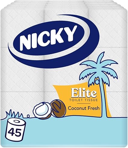 Nicky Elite Coconut Fresh Toilet Tissue - 45 Rolls of White Toilet Paper, 168 Sheets per Roll, 3-Ply, Exotic Coconut Scent, Softeness and Comfort to The Skin, 100% FSC Certified Paper, Easy Open Pack