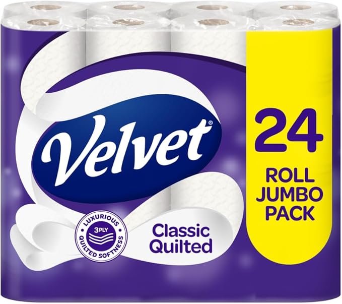 Velvet Classic Quilted Toilet Tissue 24 Rolls - Luxuriously Soft, Strong and Absorbent Toilet Roll - Jumbo Bulk Pack 24 Rolls - 3-ply - White