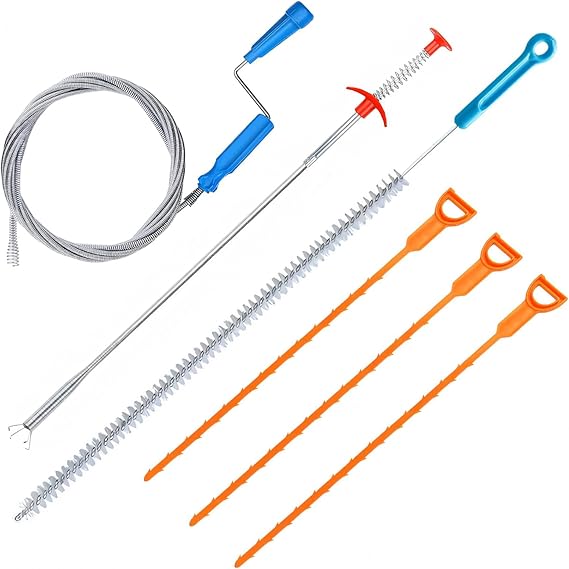 Drain Snake Toilet Unblocker Tool - 3M Sink Drain Plumbing Unblocker Wire, 50CM Drain Snake, 60CM Toilet Auger Hair Clog Remover with Claw, 70CM Sink Cleaning Brush, 6PCS (Orange)
