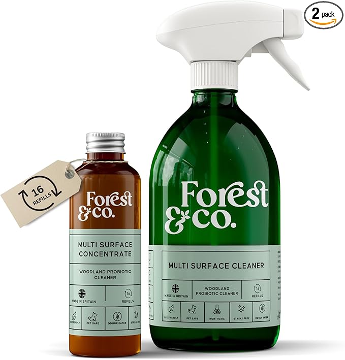 Forest&Co - Multi-Surface Starter Kit, 16 Refills | Pet Safe, Non-Toxic, Streak-Free | Eco-Friendly, Woodland Probiotics | Suitable For All Surfaces | Includes Spray Bottle & 100ml Liquid Concentrate