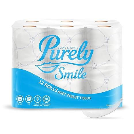Blake & White Purely Smile 3 Ply Soft Toilet Rolls 12 Pack - Highly Absorbent Toilet Paper for Home & Leisure Centers - Ultra Durable & FSC Certified Tissue Roll - PS1125