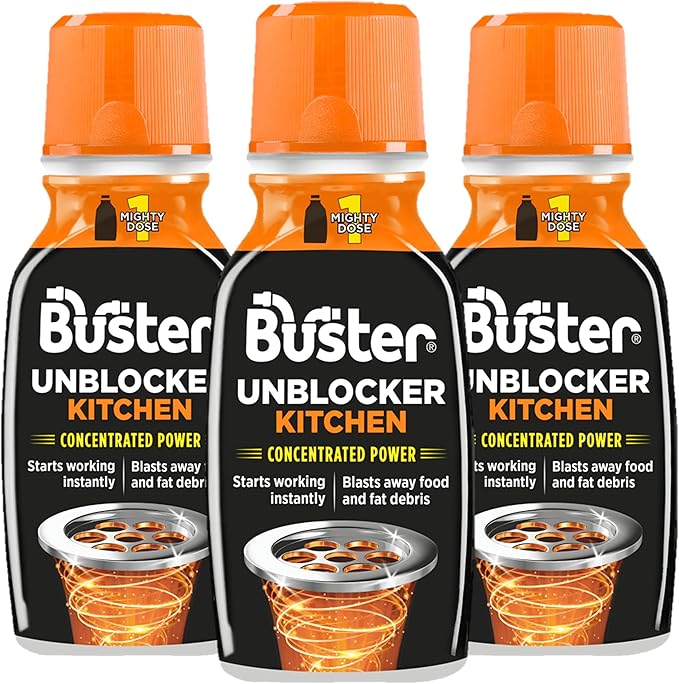 Buster Kitchen Plughole Unblocker (Pack of 3 x 150g) Fast-Acting Sink Unblocker Dissolves Fat, Food & Debris, Drain Cleaner Clears Blockages in Kitchen Sink Pipes