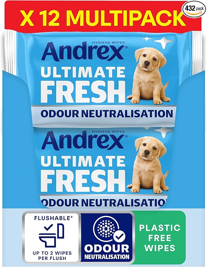Andrex Ultimate Fresh Washlets, 12 Packs - Gentle, Biodegradable, Flushable Toilet Wipes for Everyday Hygiene, Use with Regular Toilet Roll for a Shower Fresh Clean