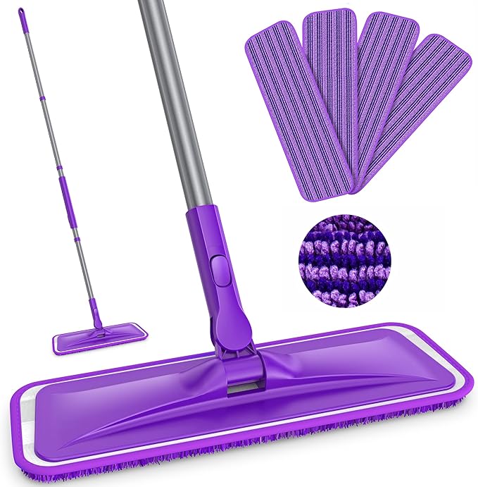 Microfibre Mops for Cleaning Floors - BPAWA Flat Floor Mop with 4 Washable Pads Reusable and Adjustable Handle, Dry Dust Mop for Hardwood Laminate Wooden Tile Vinyl Kitchen Bathroom Floors Walls