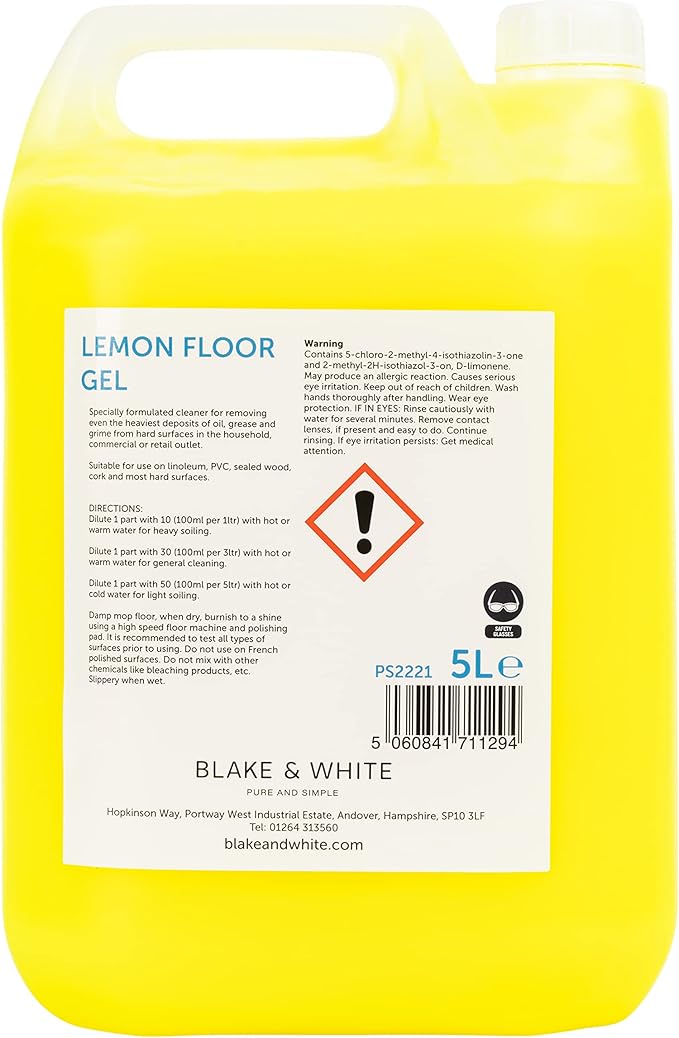 Blake & White Purely Smile Lemon Floor Gel 5L - Powerful Floor Cleaner Liquid for Tiles & Hard Surfaces - Removes Oil, Grease & Grime Deposits - Suitable for Linoleum, PVC & Sealed Wood