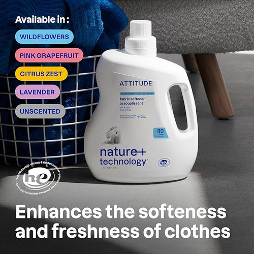 ATTITUDE Liquid Fabric Softener, Plant-Based & Vegan, HE Compatible, Naturally Derived, Citrus Zest Scent, 80 Loads, 2 Liters