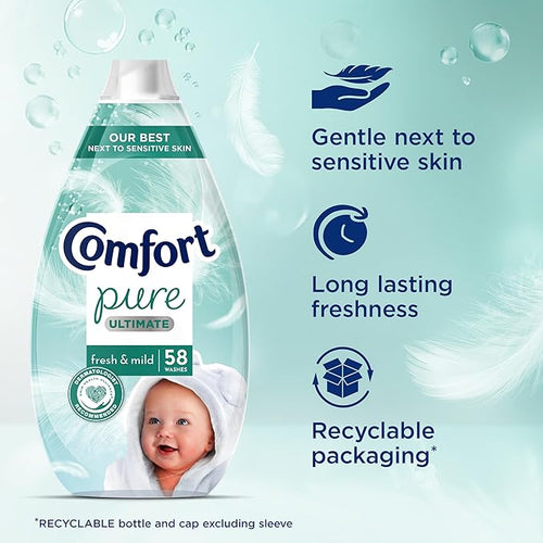 Comfort Pure Ultimate Fresh & Mild Ultra Concentrated Fabric Conditioner Dermatologist-Recommended Gentle Next to Sensitive Skin 58 washes (870 ml)