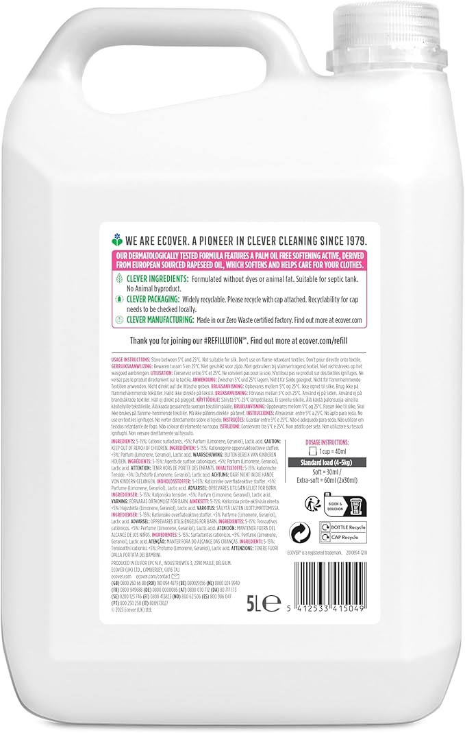 Ecover Fabric Softener Refill, Fabric Conditioner to Soften Your Clothes, Fresh Apple Blossom & Almond Scent 1 x 166 Washes, 1 x 5L
