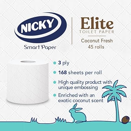 Nicky Elite Coconut Fresh Toilet Tissue - 45 Rolls of White Toilet Paper, 168 Sheets per Roll, 3-Ply, Exotic Coconut Scent, Softeness and Comfort to The Skin, 100% FSC Certified Paper, Easy Open Pack