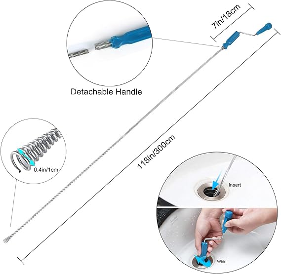 Drain Snake Toilet Unblocker Tool - 3M Sink Drain Plumbing Unblocker Wire, 50CM Drain Snake, 60CM Toilet Auger Hair Clog Remover with Claw, 70CM Sink Cleaning Brush, 6PCS (Orange)