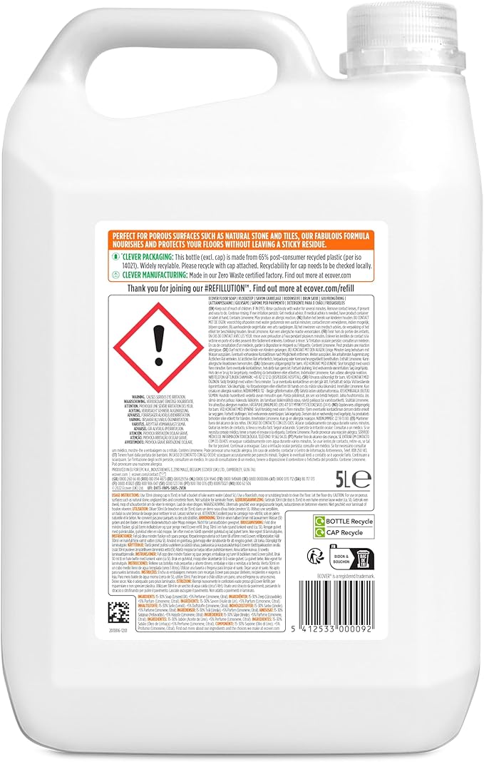 Ecover Floor Soap Refill, Multi-Surface Floor Soap For A Bright Finish, Orange and Lemon Scent, Pack of 1, 1 x 5L