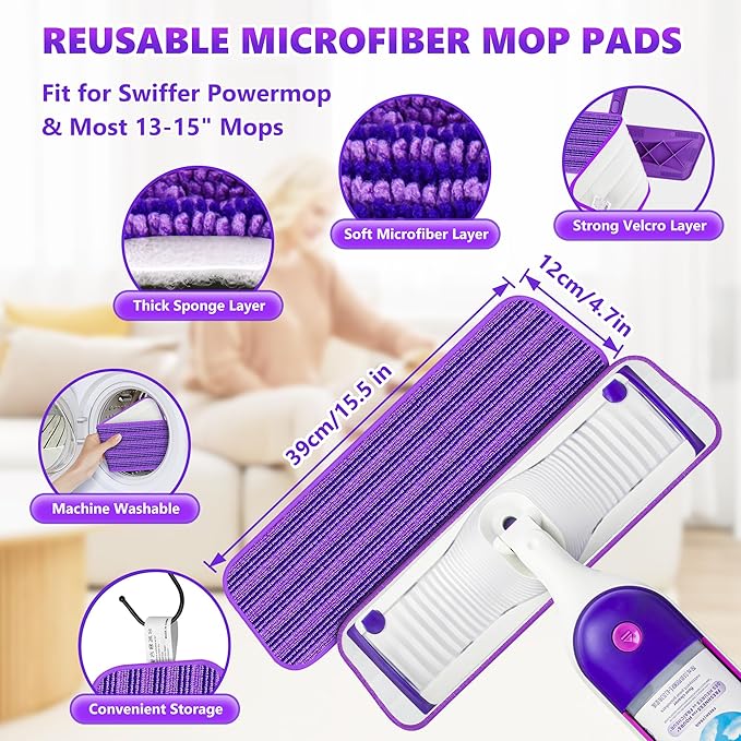 Microfibre Mops for Cleaning Floors - BPAWA Flat Floor Mop with 4 Washable Pads Reusable and Adjustable Handle, Dry Dust Mop for Hardwood Laminate Wooden Tile Vinyl Kitchen Bathroom Floors Walls