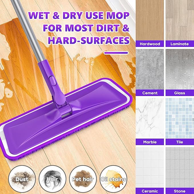 Microfibre Mops for Cleaning Floors - BPAWA Flat Floor Mop with 4 Washable Pads Reusable and Adjustable Handle, Dry Dust Mop for Hardwood Laminate Wooden Tile Vinyl Kitchen Bathroom Floors Walls