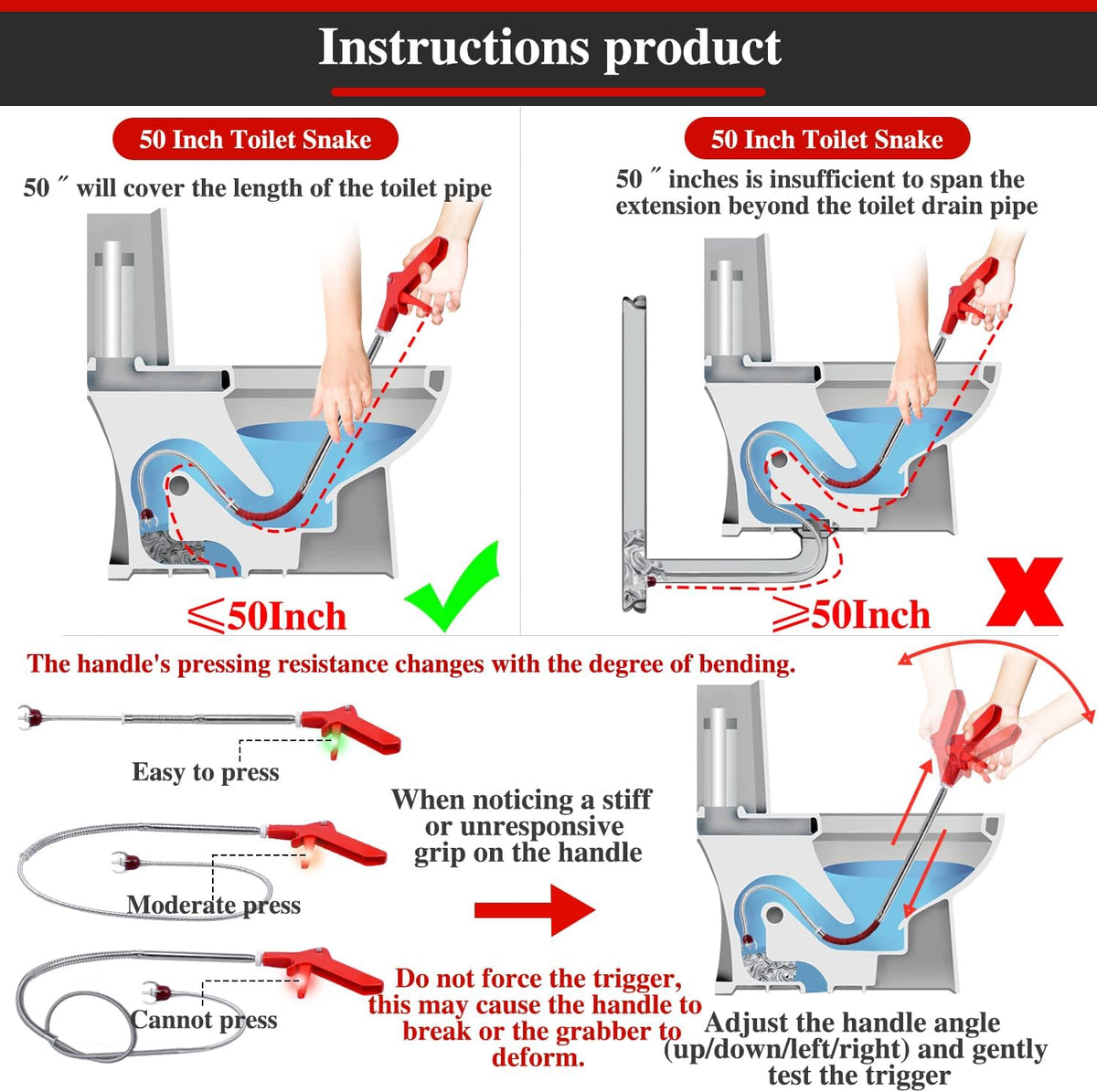 Aozzy Toilet Auger Clog Remover Tool, Stainless Steel Telescoping Toilet Auger Grabber Tool, Use to Grab and Clear Blocking in Various Pipelines, for Unclog Drains, Siphon Toilet, Sink.