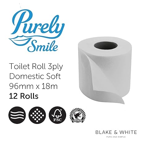 Blake & White Purely Smile 3 Ply Soft Toilet Rolls 12 Pack - Highly Absorbent Toilet Paper for Home & Leisure Centers - Ultra Durable & FSC Certified Tissue Roll - PS1125