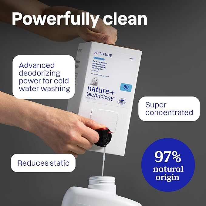 ATTITUDE Liquid Fabric Softener, Plant-Based & Vegan, HE Compatible, Naturally Derived, Citrus Zest Scent, 80 Loads, 2 Liters
