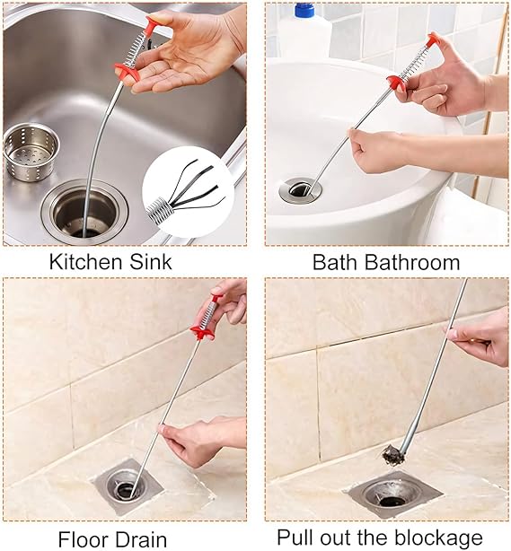 Drain Snake Toilet Unblocker Tool - 3M Sink Drain Plumbing Unblocker Wire, 50CM Drain Snake, 60CM Toilet Auger Hair Clog Remover with Claw, 70CM Sink Cleaning Brush, 6PCS (Orange)