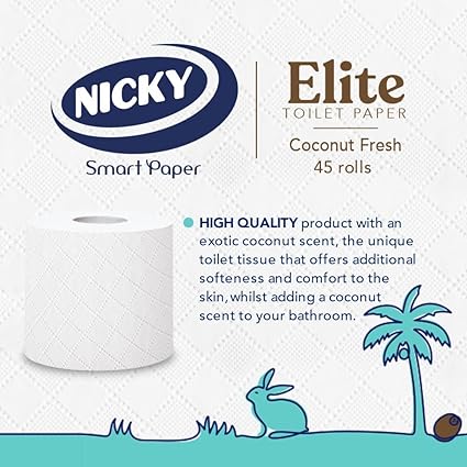 Nicky Elite Coconut Fresh Toilet Tissue - 45 Rolls of White Toilet Paper, 168 Sheets per Roll, 3-Ply, Exotic Coconut Scent, Softeness and Comfort to The Skin, 100% FSC Certified Paper, Easy Open Pack