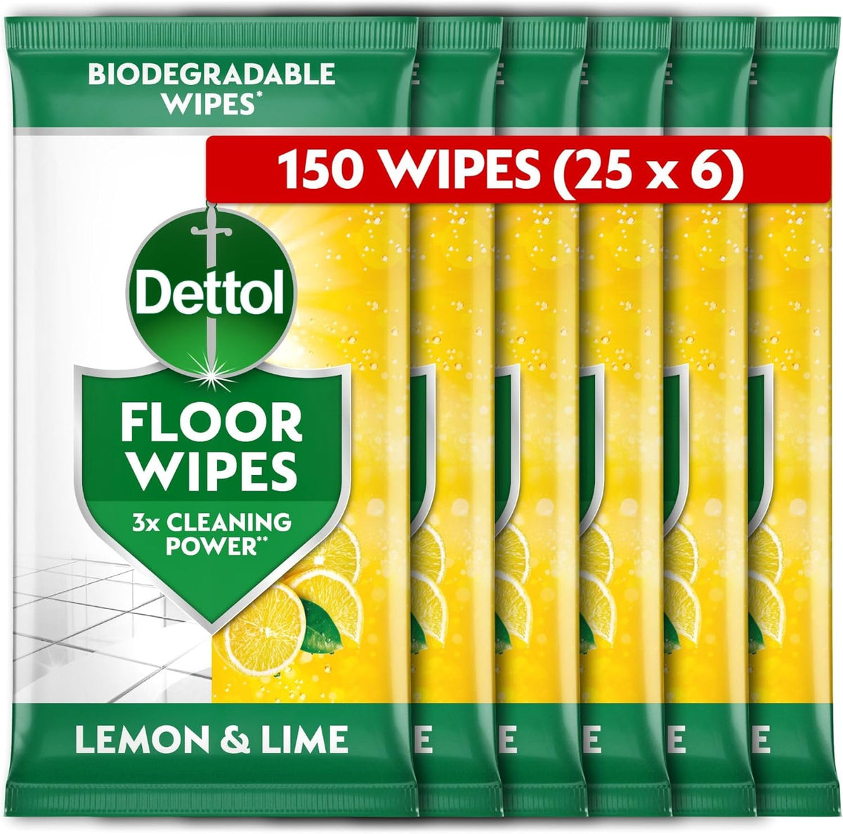 Dettol, Floor Cleaner, Antibacterial, Large Biodegradable Wipes, Citrus, 150 Wipes (25 x 6pck) Disinfectant, Kitchen and Bathroom, Home Hygiene, Kills 99.9 Percent of Germs