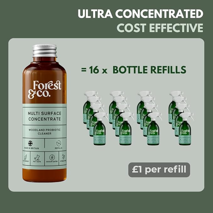 Forest&Co - Multi-Surface Starter Kit, 16 Refills | Pet Safe, Non-Toxic, Streak-Free | Eco-Friendly, Woodland Probiotics | Suitable For All Surfaces | Includes Spray Bottle & 100ml Liquid Concentrate