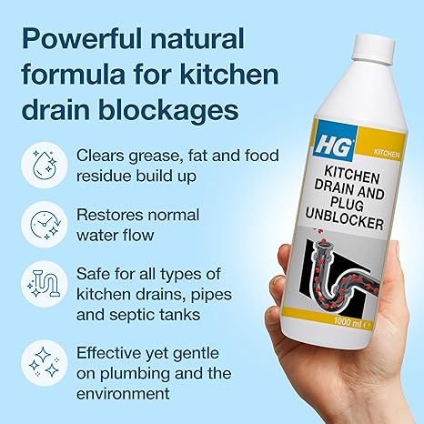 HG Kitchen Drain & Plug Unblocker, Natural, Heavy Duty, Kitchen Sink Unblocker & Cleaner for Pipes, Septic Tank Safe - 1 Litre