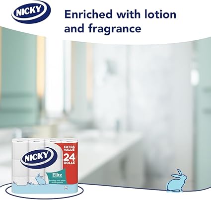 Nicky Elite Scented Toilet Tissue - 24 Rolls of White Toilet Paper, 3-ply, Talc Scent, Softness to The Skin, Enriched with Lotion, 100% FSC Certified Paper, Extra Value Pack