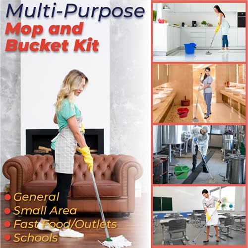 Abbey Professional Mop and Bucket Set Heavy Duty with Wringer and Two Traditional Cotton Mop Heads for Cleaning Floors – Strong Aluminum Mop Handles –Mop Bucket Capacity 12L with Pouring Lip (Yellow)