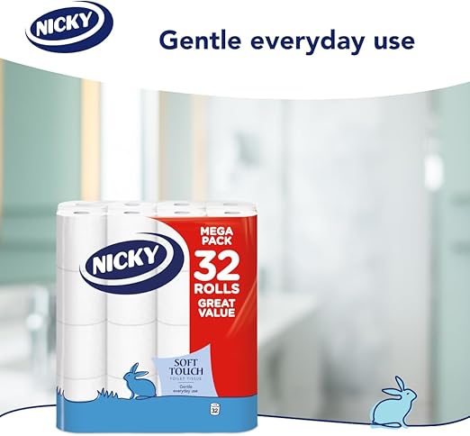 Nicky Soft Touch Toilet Tissue |Extra Value Pack – 32 Rolls of Extra Gentle White Toilet Paper |190 Sheets per Roll| 2-ply | Soft Tissue | Modern Embossing |Easy Opening | 100% FSC Certified Paper