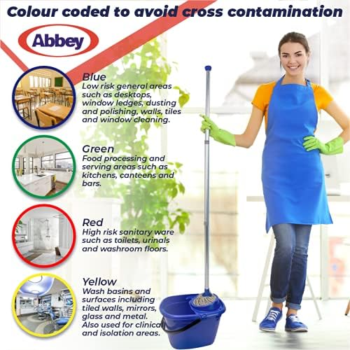 Abbey Professional Mop and Bucket Set Heavy Duty with Wringer and Two Traditional Cotton Mop Heads for Cleaning Floors – Strong Aluminum Mop Handles –Mop Bucket Capacity 12L with Pouring Lip (Yellow)
