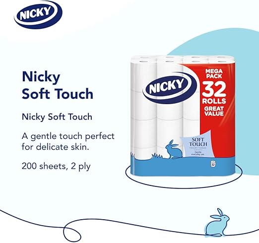 Nicky Soft Touch Toilet Tissue |Extra Value Pack – 32 Rolls of Extra Gentle White Toilet Paper |190 Sheets per Roll| 2-ply | Soft Tissue | Modern Embossing |Easy Opening | 100% FSC Certified Paper