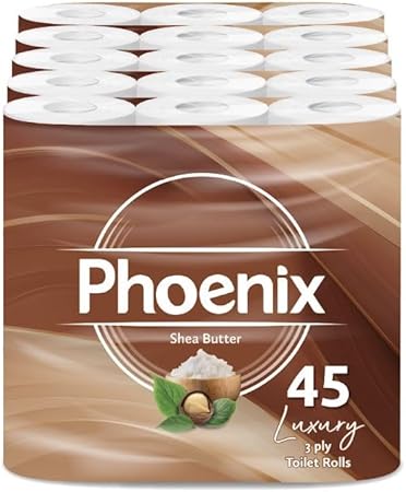 Phoenix Toilet Rolls – 45 Pack | 3 Ply Shea Butter Scented Toilet Paper | Bulk Buy, Soft, Quilted, Sustainably Sourced, Eco- Friendly Luxury Bathroom Tissue