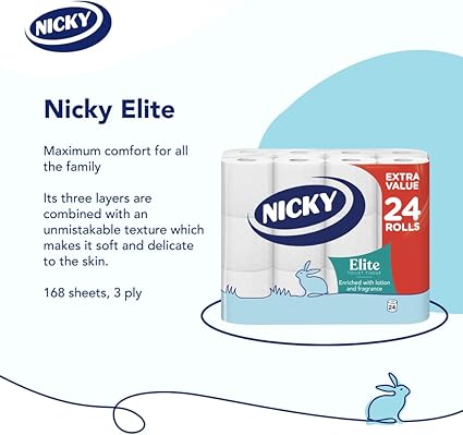 Nicky Elite Scented Toilet Tissue - 24 Rolls of White Toilet Paper, 3-ply, Talc Scent, Softness to The Skin, Enriched with Lotion, 100% FSC Certified Paper, Extra Value Pack