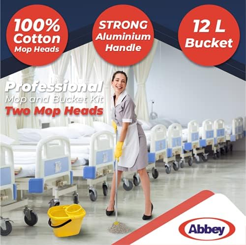 Abbey Professional Mop and Bucket Set Heavy Duty with Wringer and Two Traditional Cotton Mop Heads for Cleaning Floors – Strong Aluminum Mop Handles –Mop Bucket Capacity 12L with Pouring Lip (Yellow)