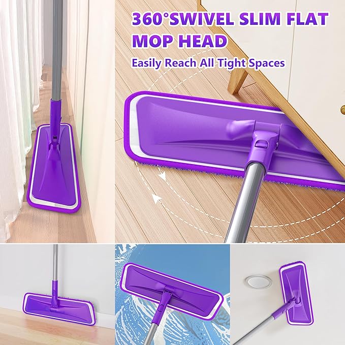 Microfibre Mops for Cleaning Floors - BPAWA Flat Floor Mop with 4 Washable Pads Reusable and Adjustable Handle, Dry Dust Mop for Hardwood Laminate Wooden Tile Vinyl Kitchen Bathroom Floors Walls