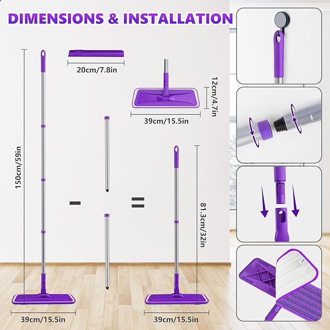 Microfibre Mops for Cleaning Floors - BPAWA Flat Floor Mop with 4 Washable Pads Reusable and Adjustable Handle, Dry Dust Mop for Hardwood Laminate Wooden Tile Vinyl Kitchen Bathroom Floors Walls