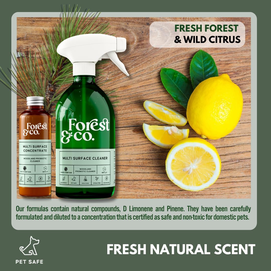 Forest&Co - Multi-Surface Starter Kit, 16 Refills | Pet Safe, Non-Toxic, Streak-Free | Eco-Friendly, Woodland Probiotics | Suitable For All Surfaces | Includes Spray Bottle & 100ml Liquid Concentrate