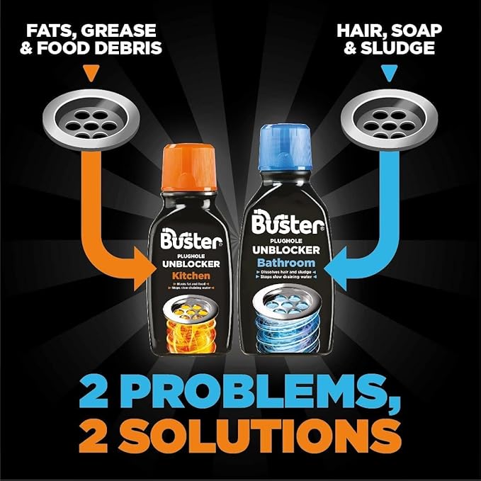 Buster Kitchen Plughole Unblocker (Pack of 3 x 150g) Fast-Acting Sink Unblocker Dissolves Fat, Food & Debris, Drain Cleaner Clears Blockages in Kitchen Sink Pipes