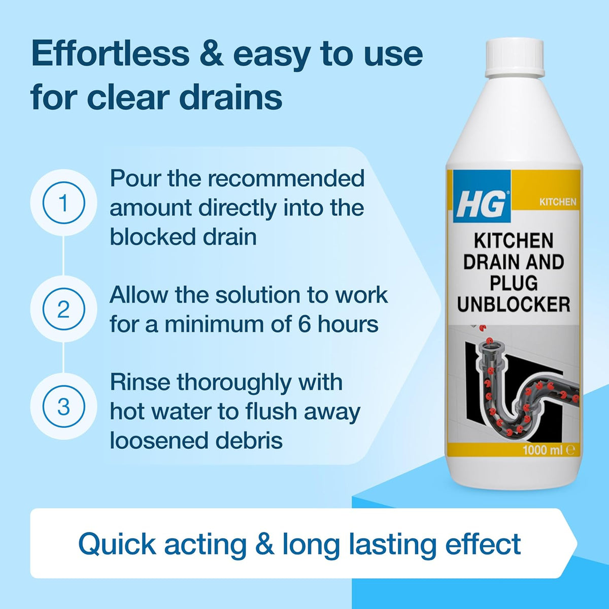 HG Kitchen Drain & Plug Unblocker, Natural, Heavy Duty, Kitchen Sink Unblocker & Cleaner for Pipes, Septic Tank Safe - 1 Litre