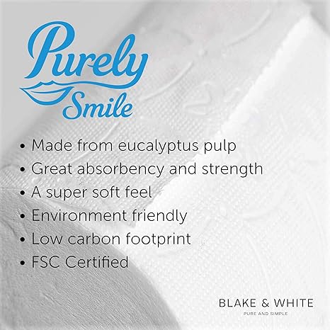 Blake & White Purely Smile 3 Ply Soft Toilet Rolls 12 Pack - Highly Absorbent Toilet Paper for Home & Leisure Centers - Ultra Durable & FSC Certified Tissue Roll - PS1125