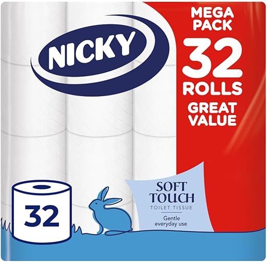 Nicky Soft Touch Toilet Tissue |Extra Value Pack – 32 Rolls of Extra Gentle White Toilet Paper |190 Sheets per Roll| 2-ply | Soft Tissue | Modern Embossing |Easy Opening | 100% FSC Certified Paper