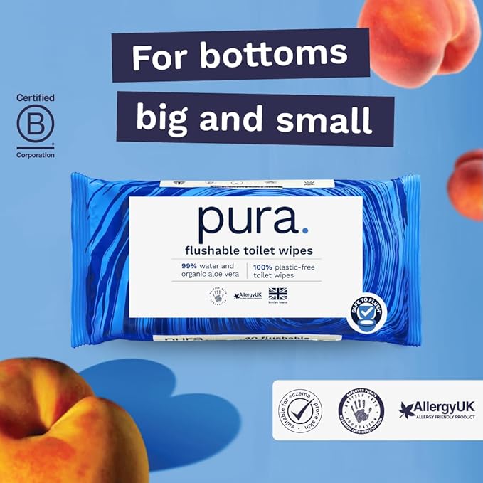 Pura Flushable Moist Toilet Tissue Wipes, 1 Pack of 40 Wet Wipes, 100% Plastic Free, 99% Water Clean Washlets, Certified 'Fine to Flush' Biodegradable, Compostable, Vegan, Gentle Clean