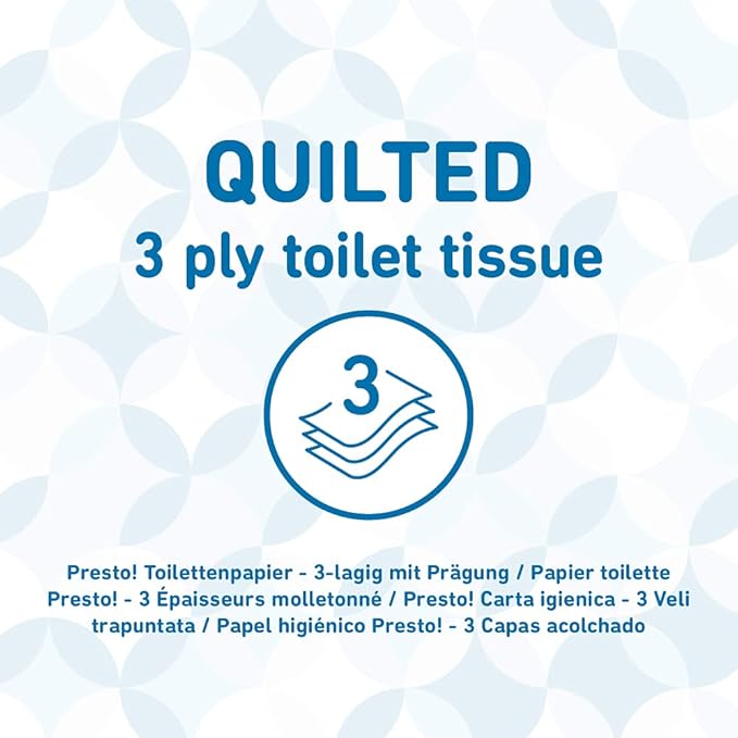 Presto! Toilet Roll, 3-ply Quilted, Velvety Soft, Unscented, 18 Rolls (1 Pack of 18), 200 Sheets per Roll, 3600 Count, FSC Certified
