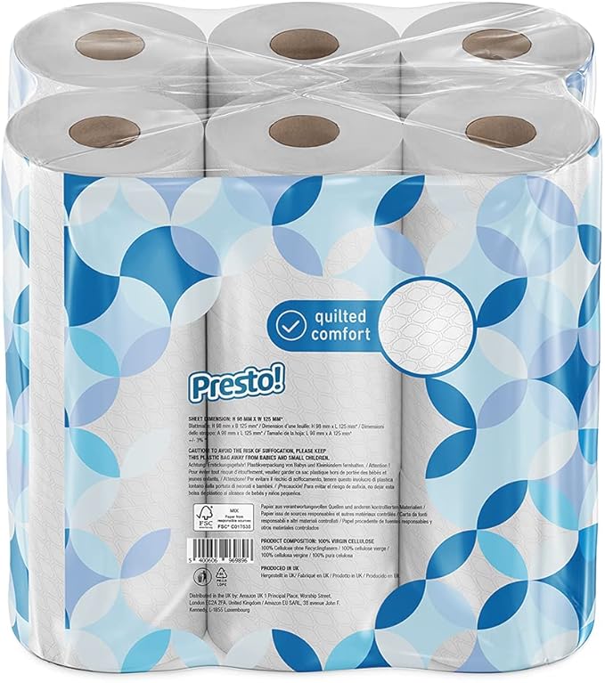 Presto! Toilet Roll, 3-ply Quilted, Velvety Soft, Unscented, 18 Rolls (1 Pack of 18), 200 Sheets per Roll, 3600 Count, FSC Certified