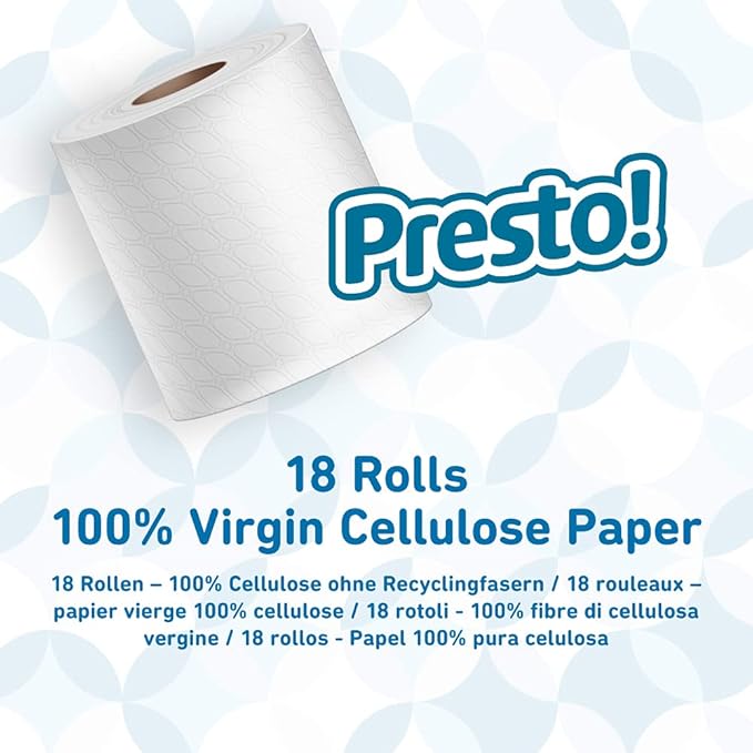 Presto! Toilet Roll, 3-ply Quilted, Velvety Soft, Unscented, 18 Rolls (1 Pack of 18), 200 Sheets per Roll, 3600 Count, FSC Certified
