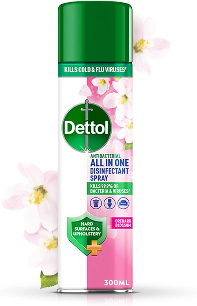 Dettol All In One Disinfectant Spray, Orchard Blossom, 6 x 300 ml Multipack, Fresh Pet & Shoe Sanitiser, Sofa Cleaner, Antibacterial Liquid, Ideal for Home Hygiene