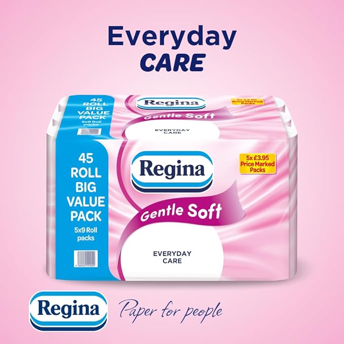 Regina Gentle Soft Toilet Tissue - 45 Rolls of 3 Ply Toilet Paper, 160 Sheets, Soft and Gentle, 30% PCR Plastic Packaging, FSC Certificated