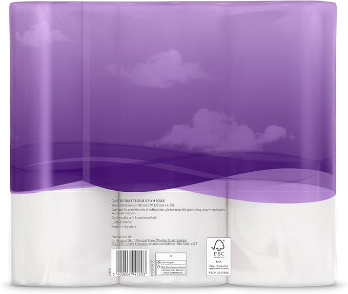 Toilet Roll, 3-ply Quilted, Velvety Soft, 45 Rolls (5 Packs of 9), 200 Sheets per Roll, FSC Certified