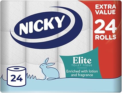 Nicky Elite Scented Toilet Tissue - 24 Rolls of White Toilet Paper, 3-ply, Talc Scent, Softness to The Skin, Enriched with Lotion, 100% FSC Certified Paper, Extra Value Pack