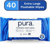 Pura Flushable Moist Toilet Tissue Wipes, 1 Pack of 40 Wet Wipes, 100% Plastic Free, 99% Water Clean Washlets, Certified 'Fine to Flush' Biodegradable, Compostable, Vegan, Gentle Clean